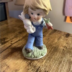 Homco Porcelain Boy Figurine in Blue Overalls with Bunny and Carrot